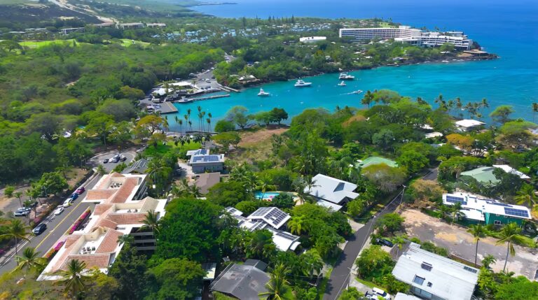 Aerial view of the neighborhood and nearby bay at Spacious Kona Retreat