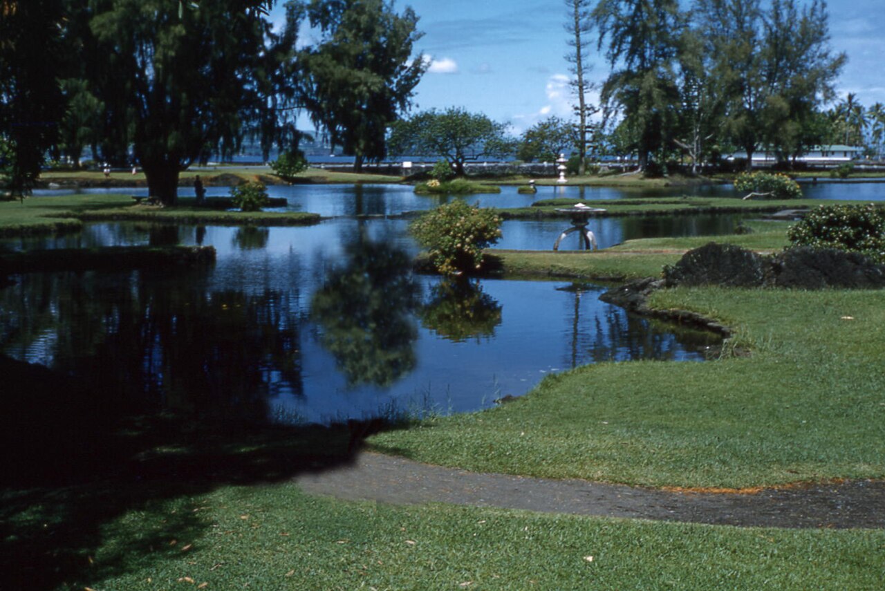 Pond and landscaping at Liliuokalani Gardens in Hilo