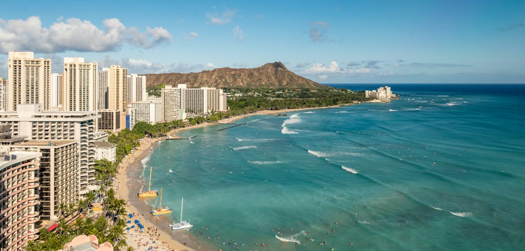 Waikiki Beach and Honolulu hotels with Diamond Head in the distance